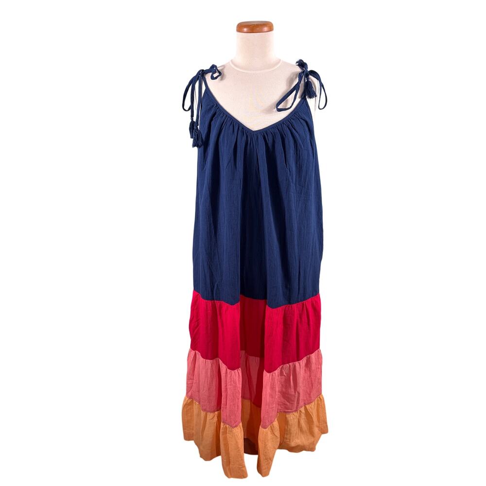 Old Navy Women Small Tall Sleeveless Tasseled Color Block Maxi Swing Dress